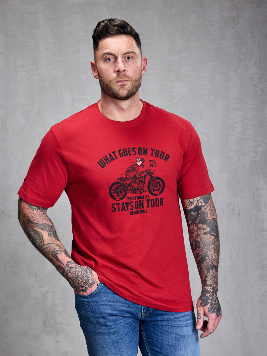 What Goes On Tour T Shirt Red Raging Bull Clothing