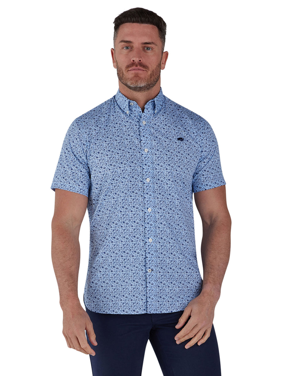 Raging Bull Short Sleeve Flower Bud Print Poplin Shirt - Sky Blue - S