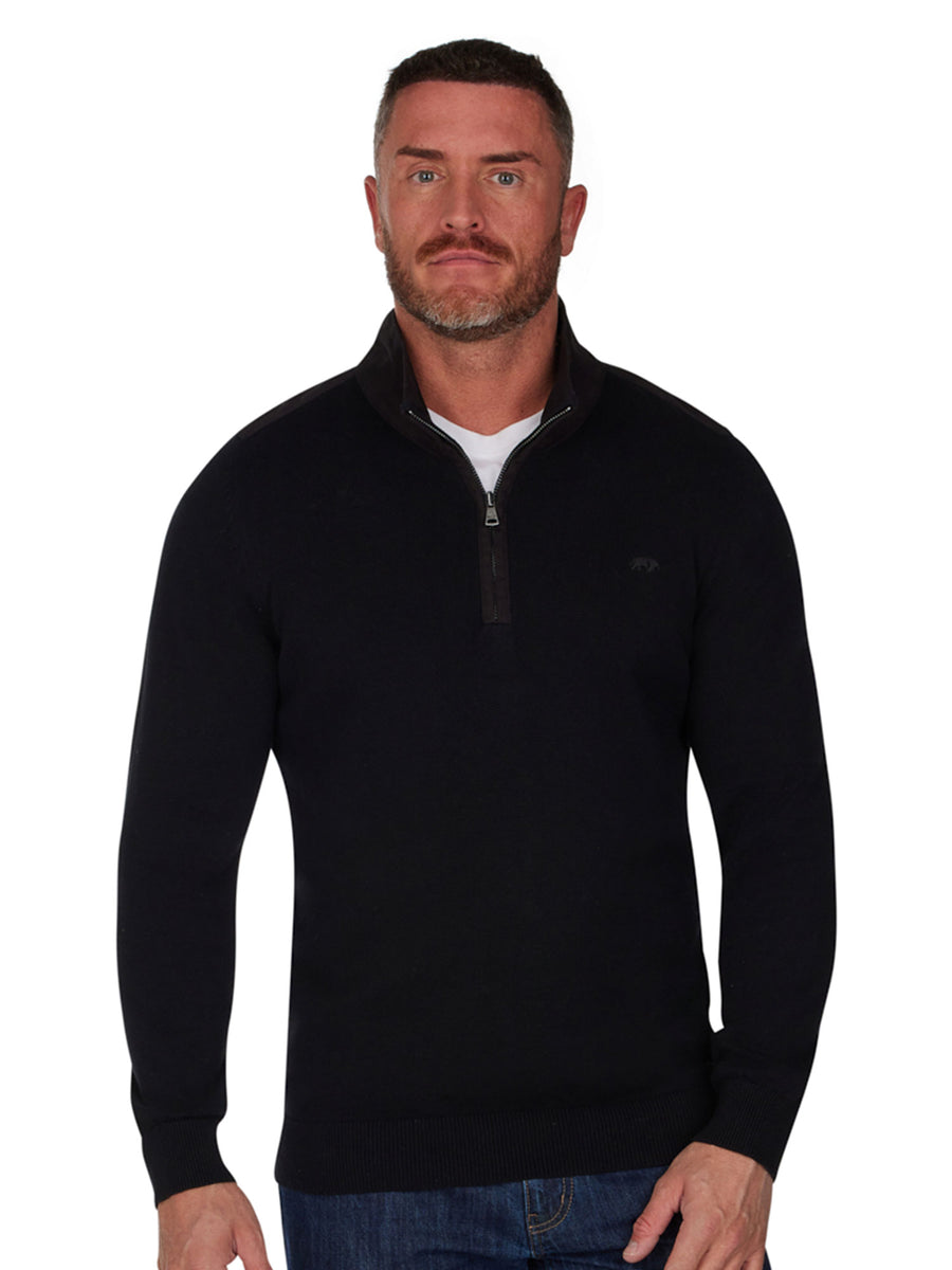 Woven Trim Quarter Zip Knit - Black – Raging Bull Clothing