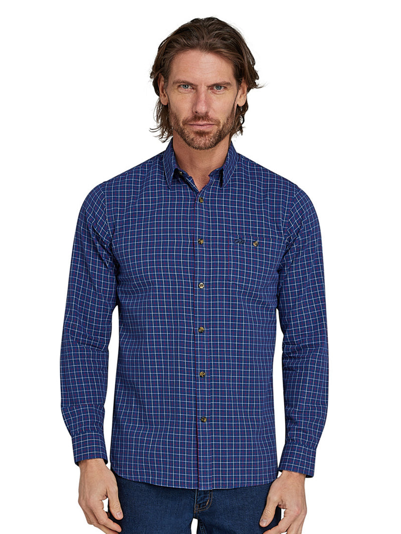 Long Sleeve Window Pane Brushed Cotton Shirt - Navy