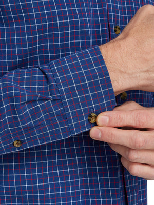 Long Sleeve Window Pane Brushed Cotton Shirt - Navy