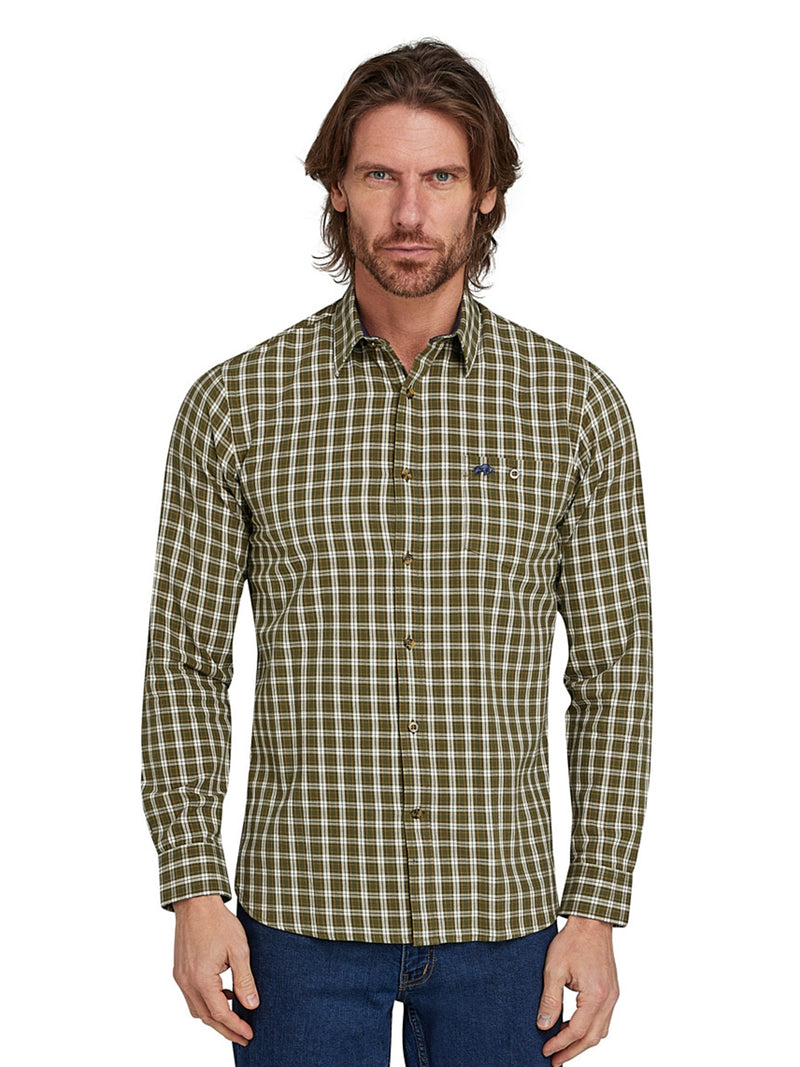 Long Sleeve Micro Check Brushed Cotton Shirt - Khaki