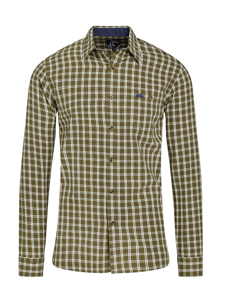 Long Sleeve Micro Check Brushed Cotton Shirt - Khaki