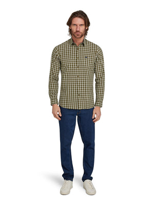 Long Sleeve Micro Check Brushed Cotton Shirt - Khaki