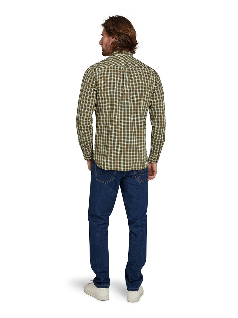 Long Sleeve Micro Check Brushed Cotton Shirt - Khaki