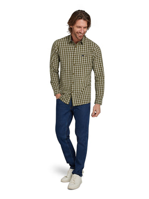 Long Sleeve Micro Check Brushed Cotton Shirt - Khaki