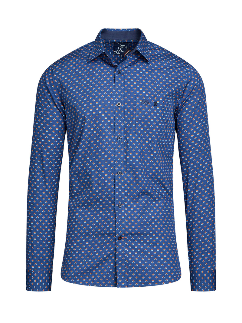 Long Sleeve Leaf Print Shirt - Navy/Orange