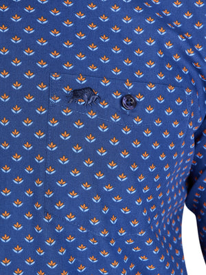 Long Sleeve Leaf Print Shirt - Navy/Orange