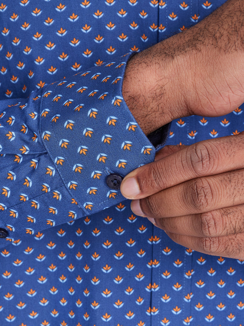 Long Sleeve Leaf Print Shirt - Navy/Orange