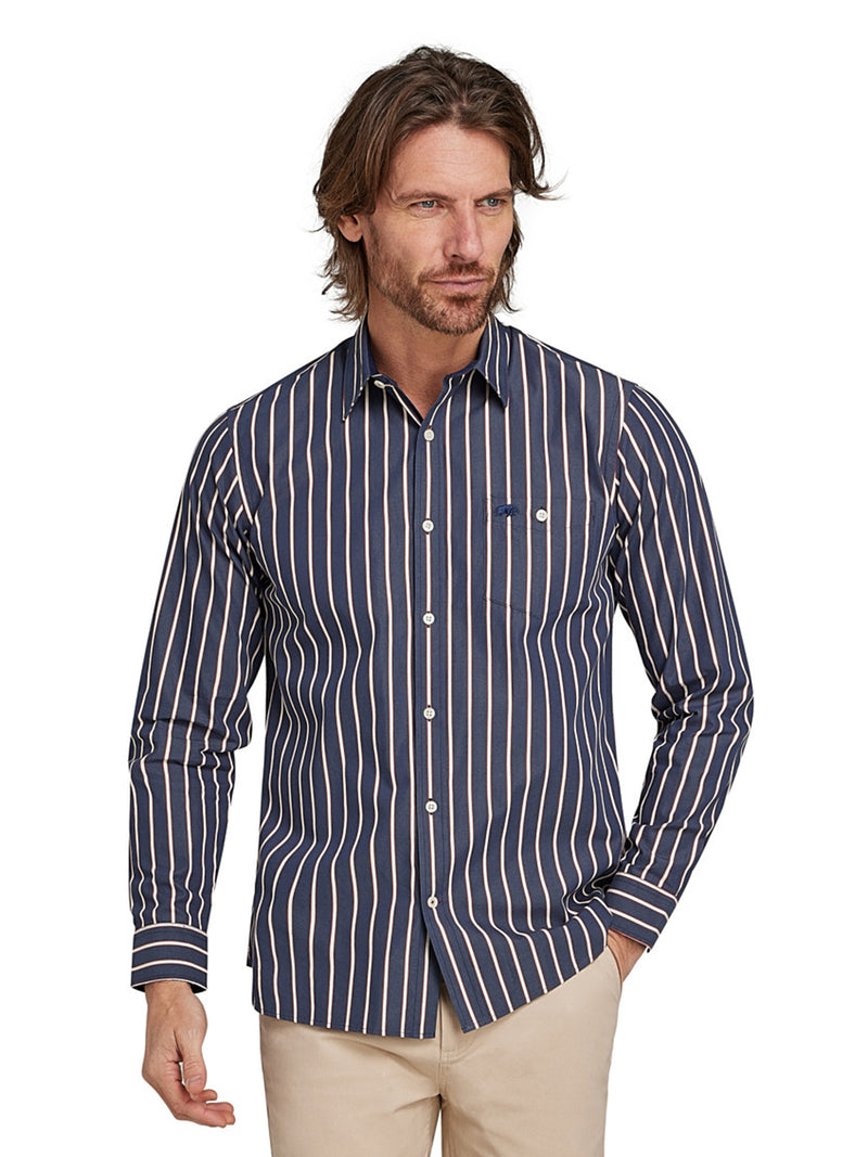 Long Sleeve Stripe Poplin Shirt - Navy