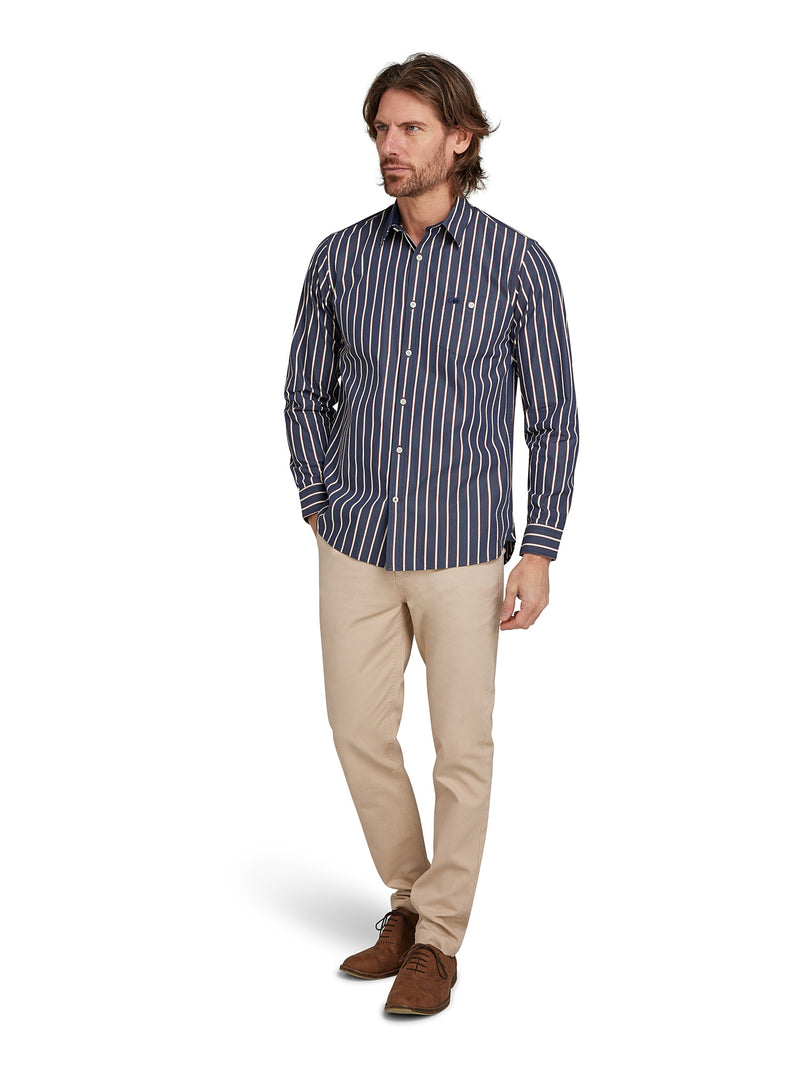 Long Sleeve Stripe Poplin Shirt - Navy