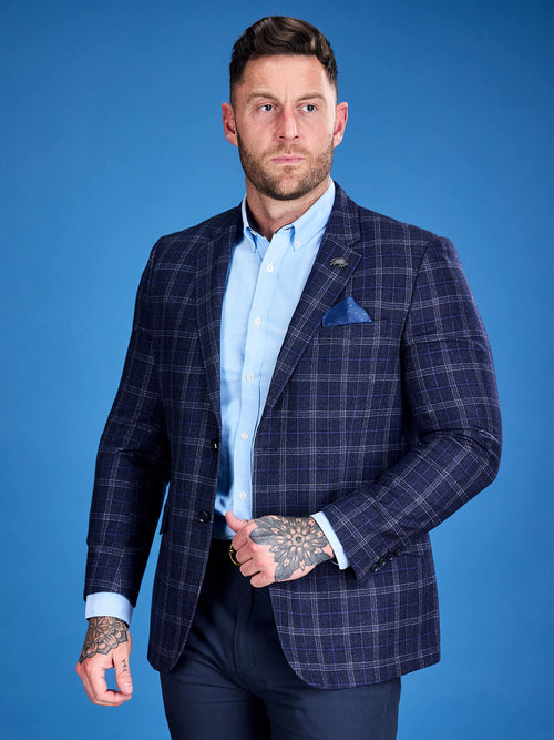 Checked Wool Blazer - Navy