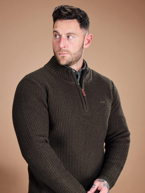 Chunky Textured Quarter Zip Knit - Khaki