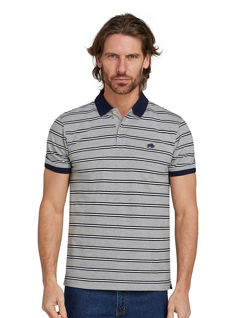 Tram Stripe Pique Polo - Grey Marl