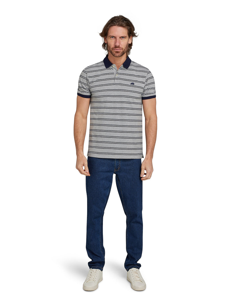 Tram Stripe Pique Polo - Grey Marl