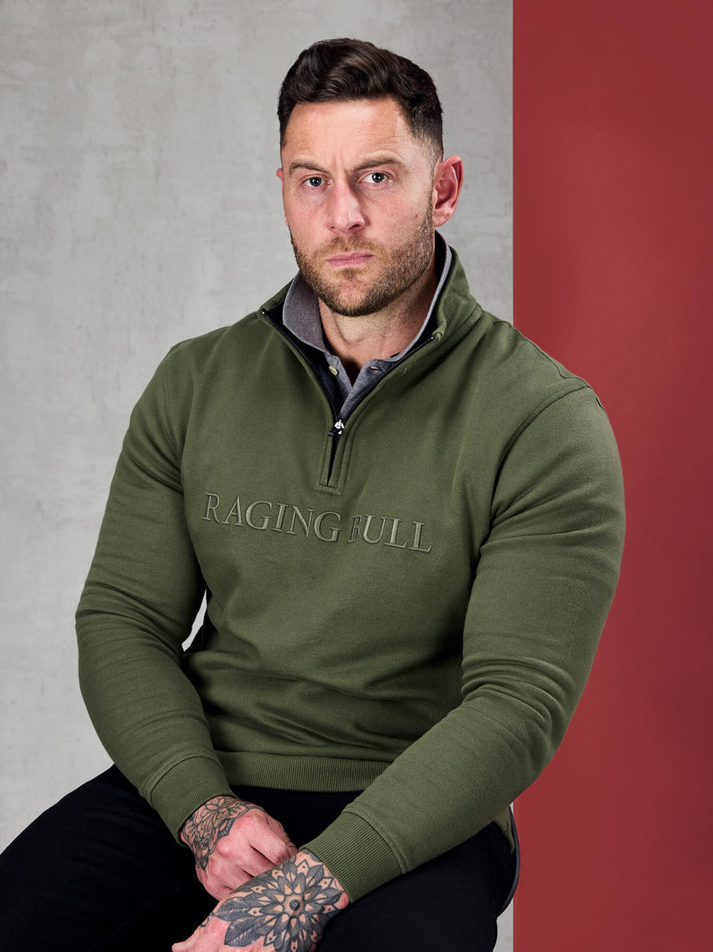 Tonal Embroidered Quarter Zip Sweat - Army Green