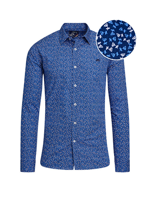 Long Sleeve Flower Bud Cotton Poplin Shirt - Navy