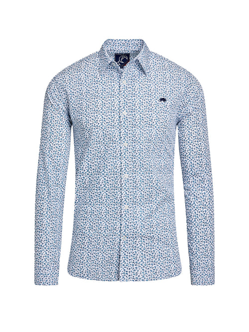 Long Sleeve Floral Print Cotton Poplin Shirt - Sky Blue