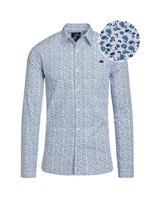 Long Sleeve Floral Print Cotton Poplin Shirt - Sky Blue