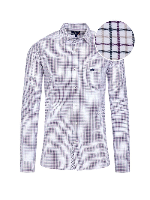 Long Sleeve Tattersall Brushed Cotton Shirt - White/Purple