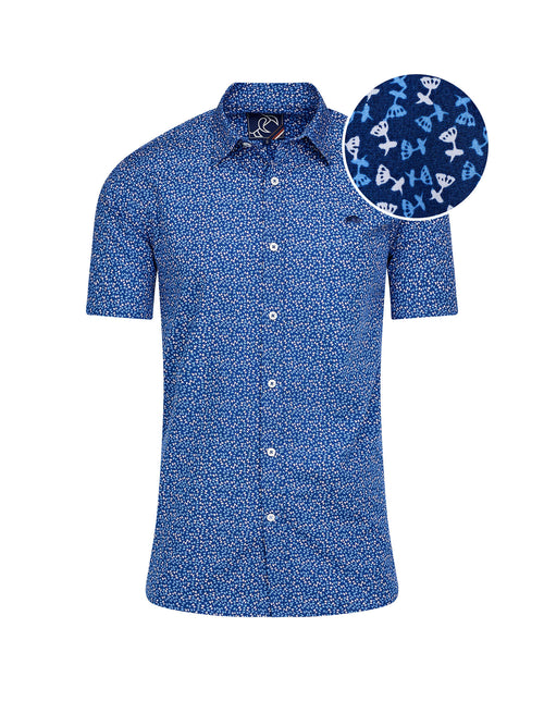 Short Sleeve Flower Bud Cotton Poplin Shirt - Navy