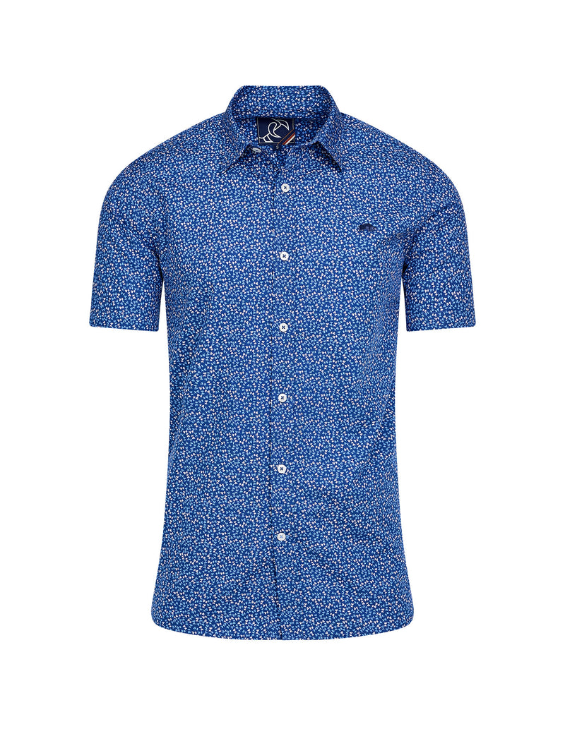 Short Sleeve Flower Bud Cotton Poplin Shirt - Navy