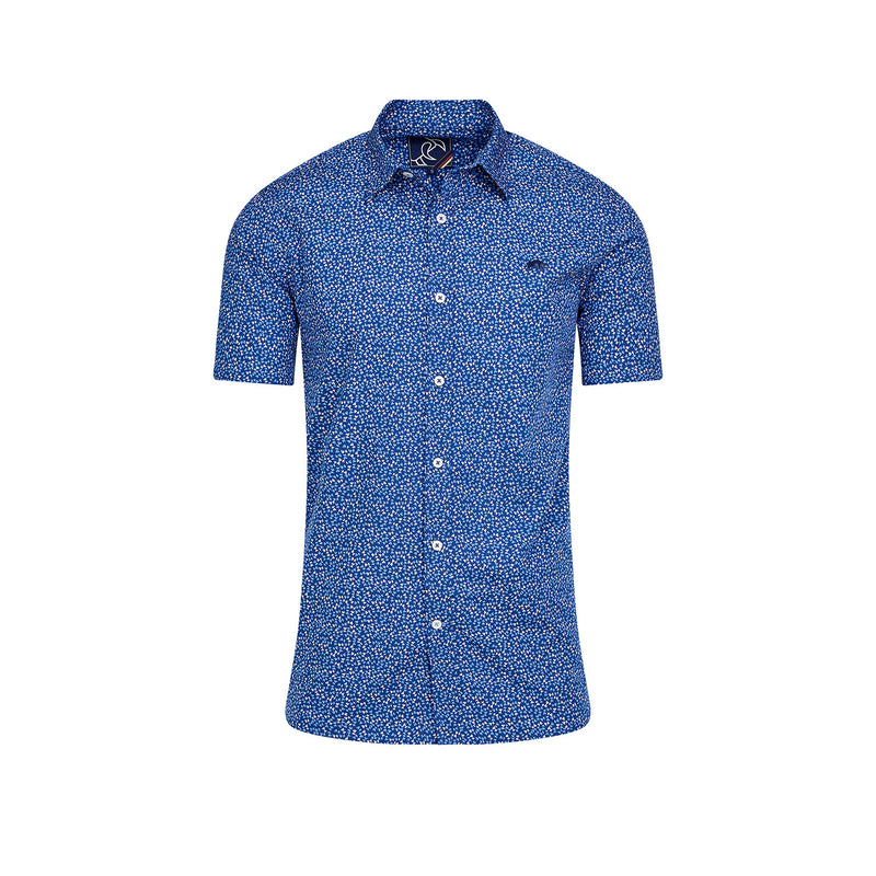 Short Sleeve Flower Bud Cotton Poplin Shirt - Navy