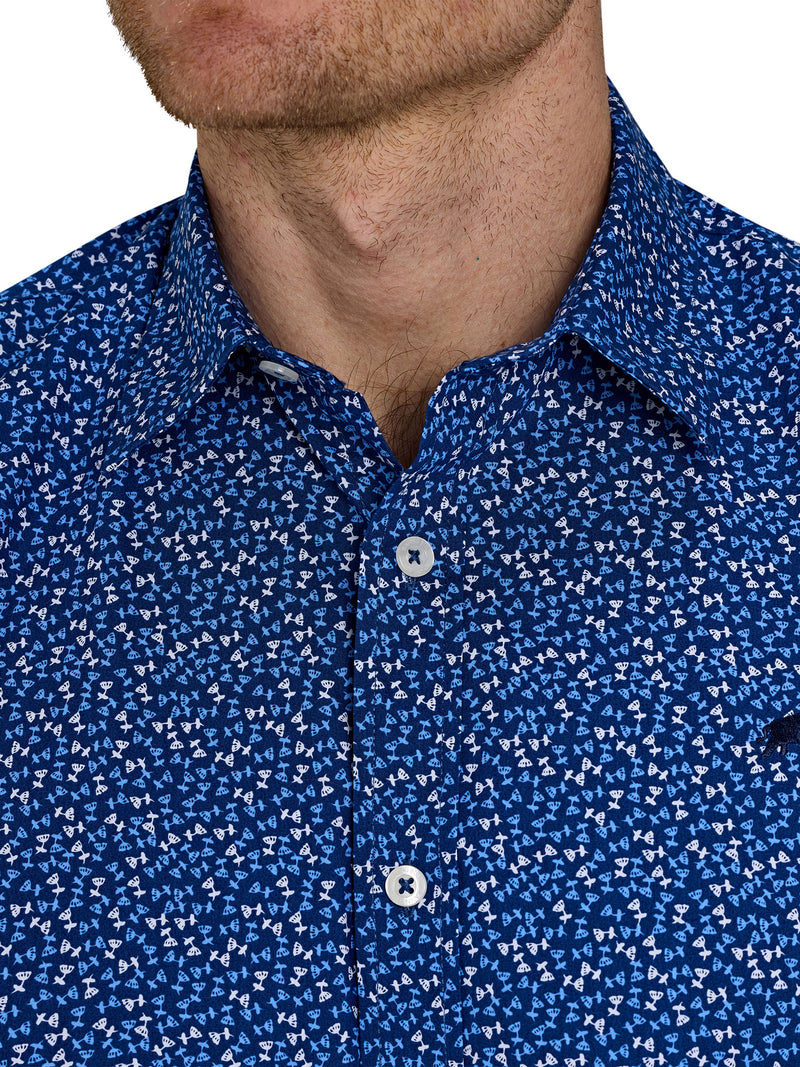 Short Sleeve Flower Bud Cotton Poplin Shirt - Navy