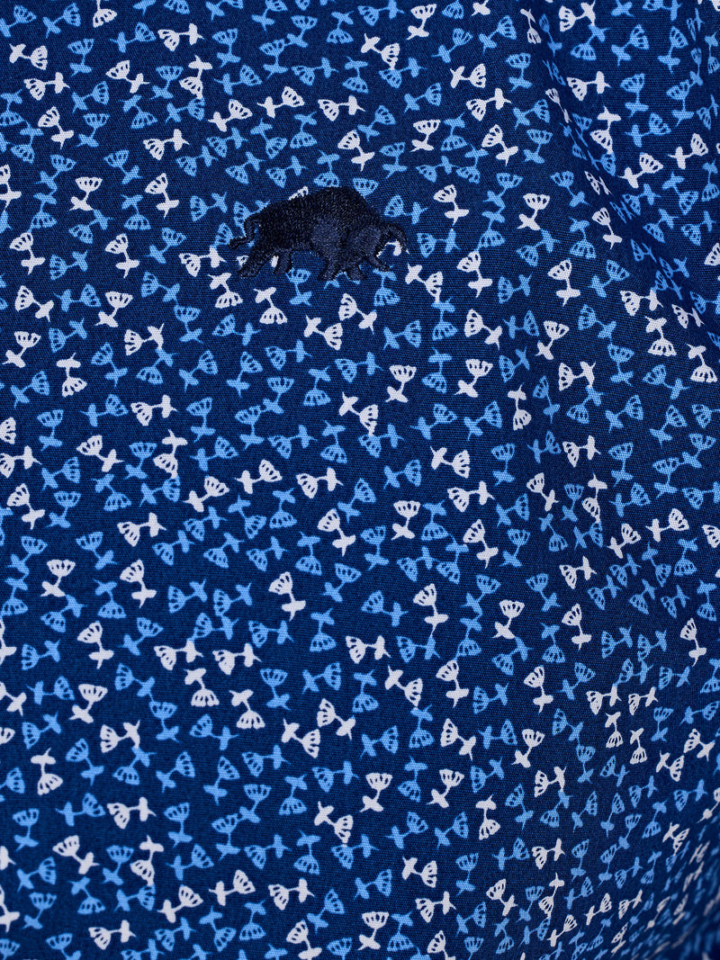 Short Sleeve Flower Bud Cotton Poplin Shirt - Navy