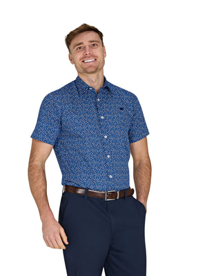 Short Sleeve Flower Bud Cotton Poplin Shirt - Navy