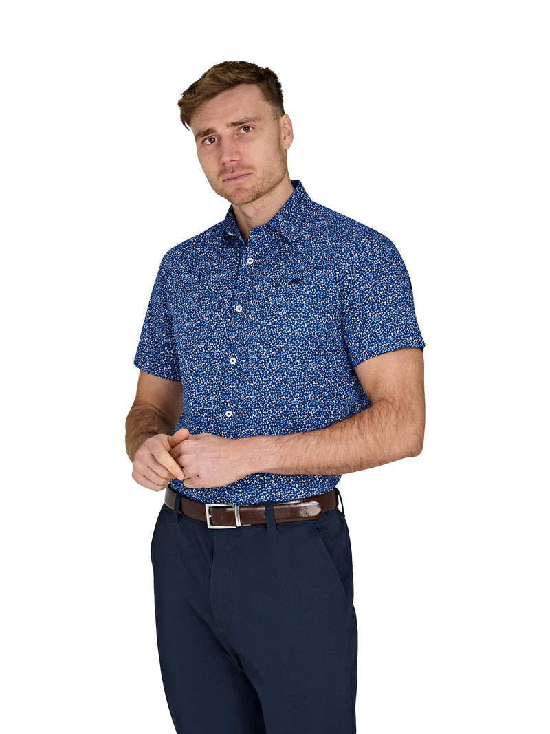 Short Sleeve Flower Bud Cotton Poplin Shirt - Navy