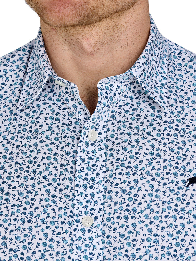 Short Sleeve Floral Cotton Poplin Shirt - Sky Blue on White