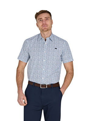 Short Sleeve Floral Cotton Poplin Shirt - Sky Blue on White