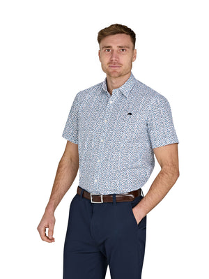 Short Sleeve Floral Cotton Poplin Shirt - Sky Blue on White