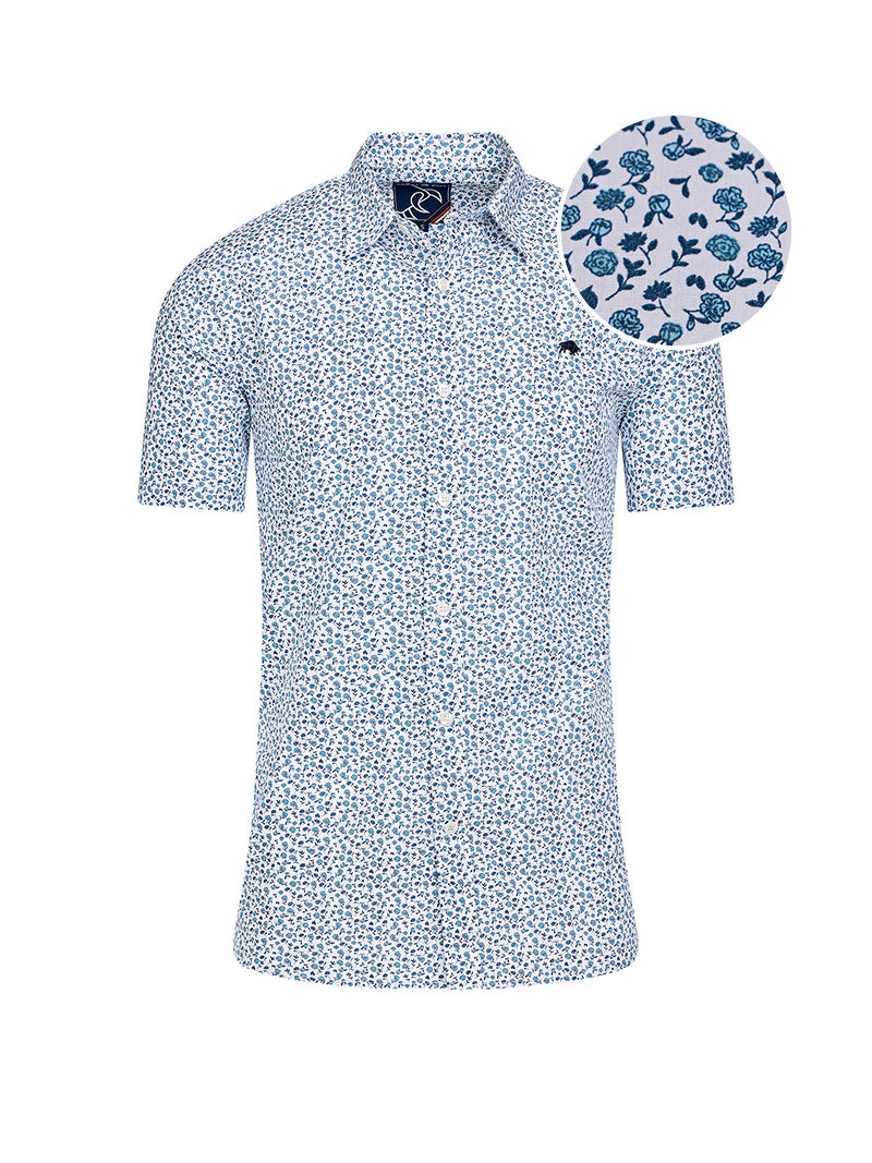 Short Sleeve Floral Cotton Poplin Shirt - Sky Blue on White