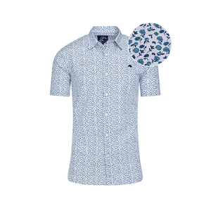 Short Sleeve Floral Cotton Poplin Shirt - Sky Blue on White