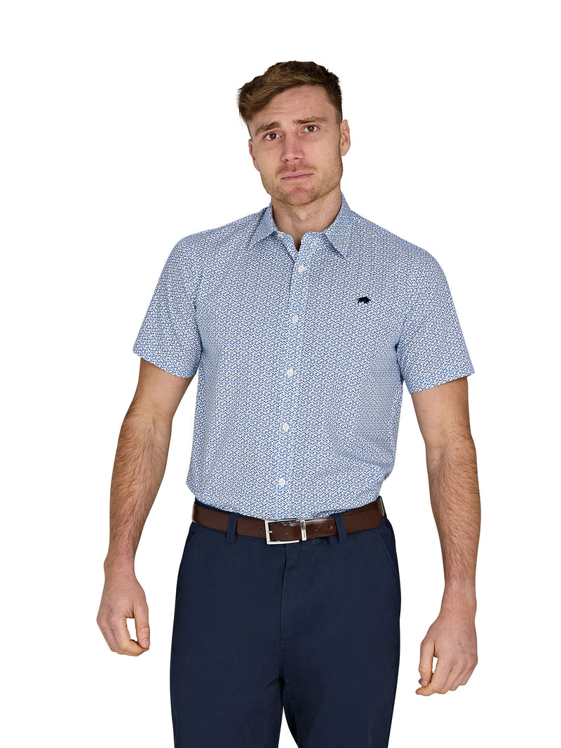 Short Sleeve Pentagon Pattern Cotton Poplin Shirt - White