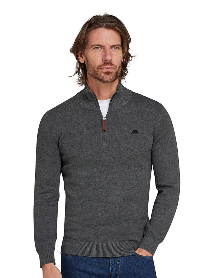 Classic Quarter Zip Cotton/Cashmere Knit - Charcoal