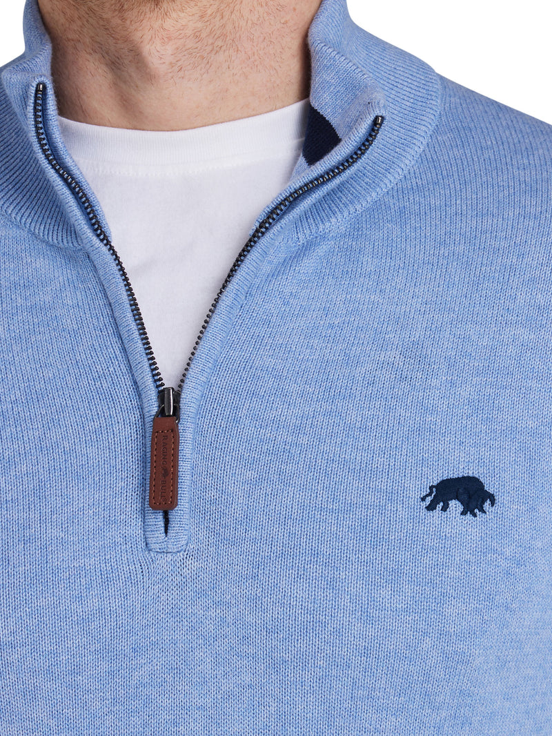 Classic Quarter Zip Cotton/Cashmere Knit - Sky Blue