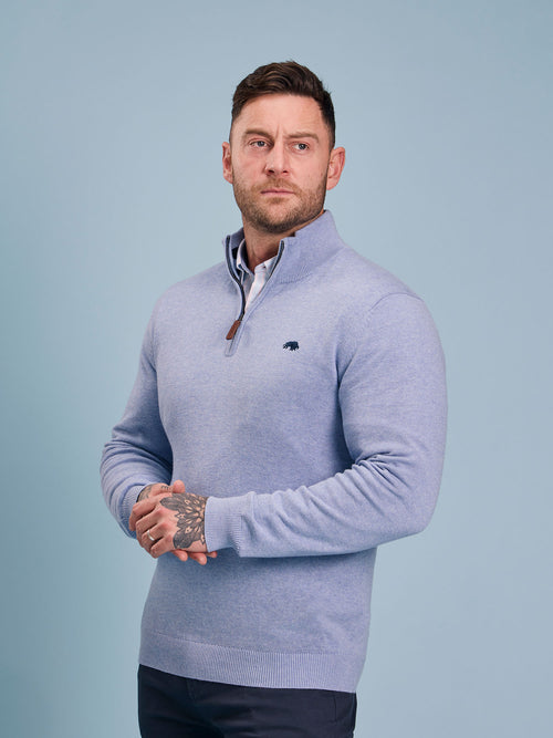 Classic Quarter Zip Cotton/Cashmere Knit - Sky Blue