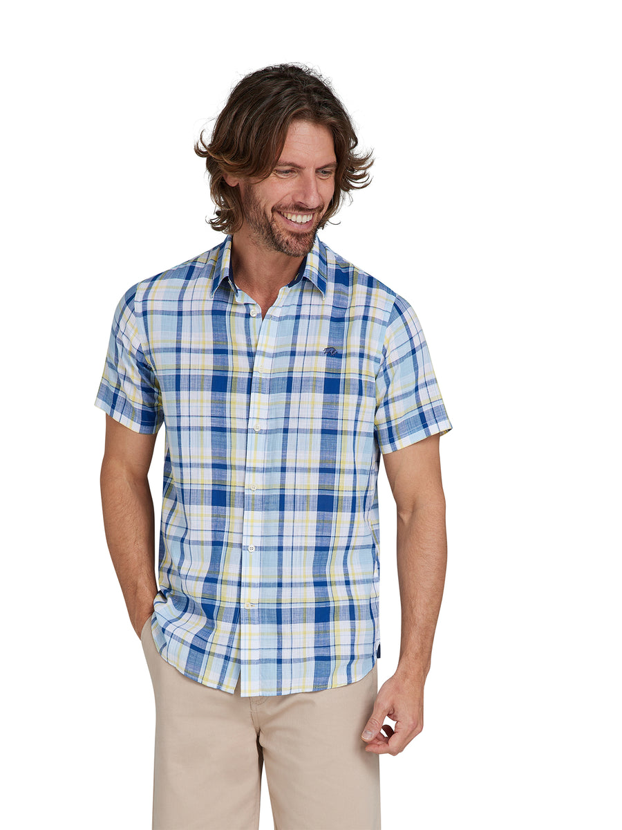 Short Sleeve Madras Check Linen Look Shirt - Sky Blue – Raging Bull ...