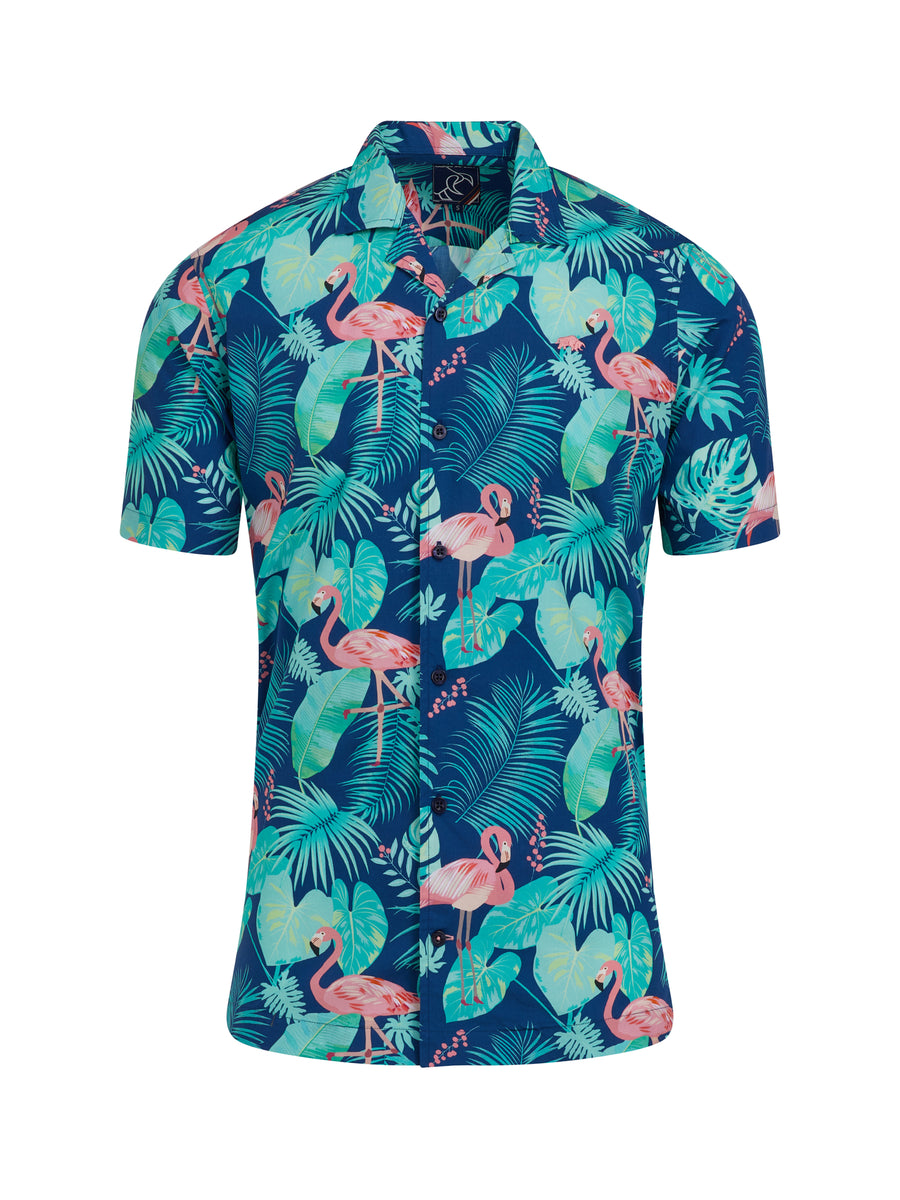 Short Sleeve Flamingo Cotton Poplin Shirt - Navy – Raging Bull Clothing