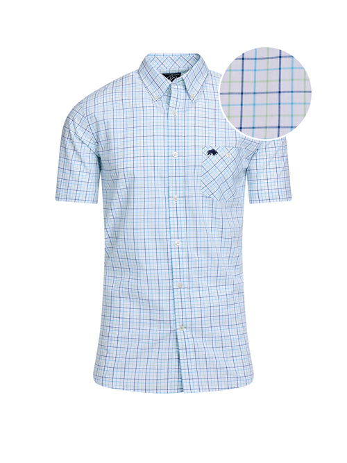 Short Sleeve Window Pane Cotton Poplin Shirt - White