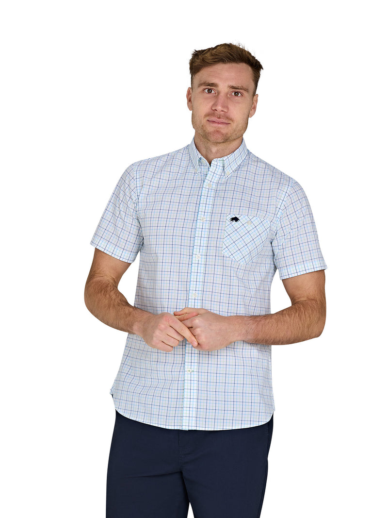 Short Sleeve Window Pane Cotton Poplin Shirt - White