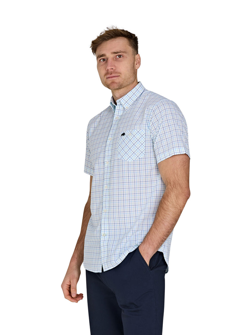 Short Sleeve Window Pane Cotton Poplin Shirt - White