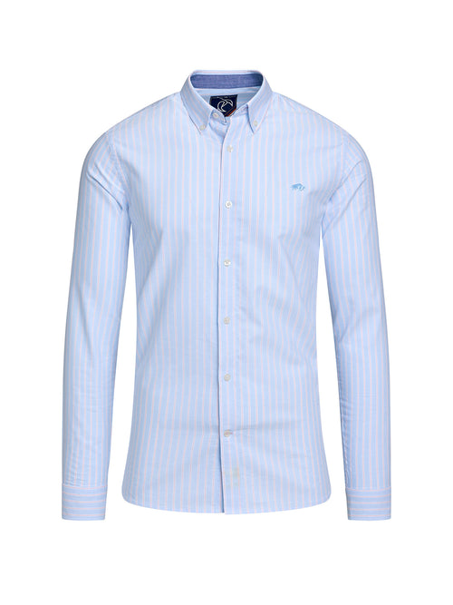 Long Sleeve Oxford Stripe Cotton Shirt - Mid Blue