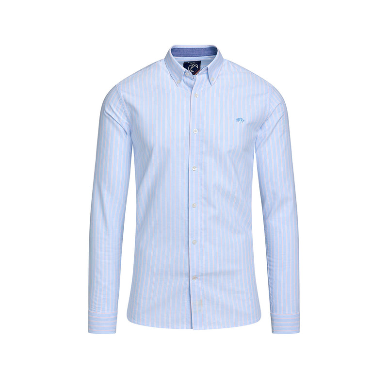 Long Sleeve Oxford Stripe Cotton Shirt - Mid Blue