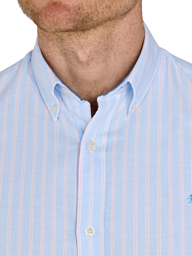 Long Sleeve Oxford Stripe Cotton Shirt - Mid Blue