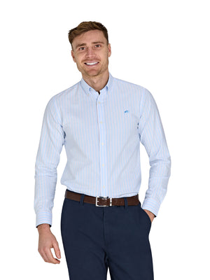 Long Sleeve Oxford Stripe Cotton Shirt - Mid Blue