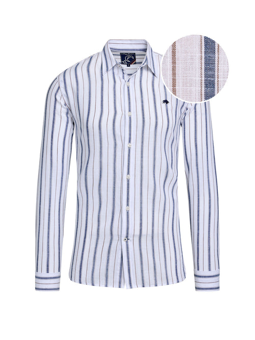 Long Sleeve Resort Stripe Cotton Linen Look Shirt - White